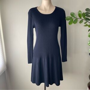 Calvin Klein Ribbed Long Sleeve Midi Sweater Knit Dress Drop Waist Navy Blue